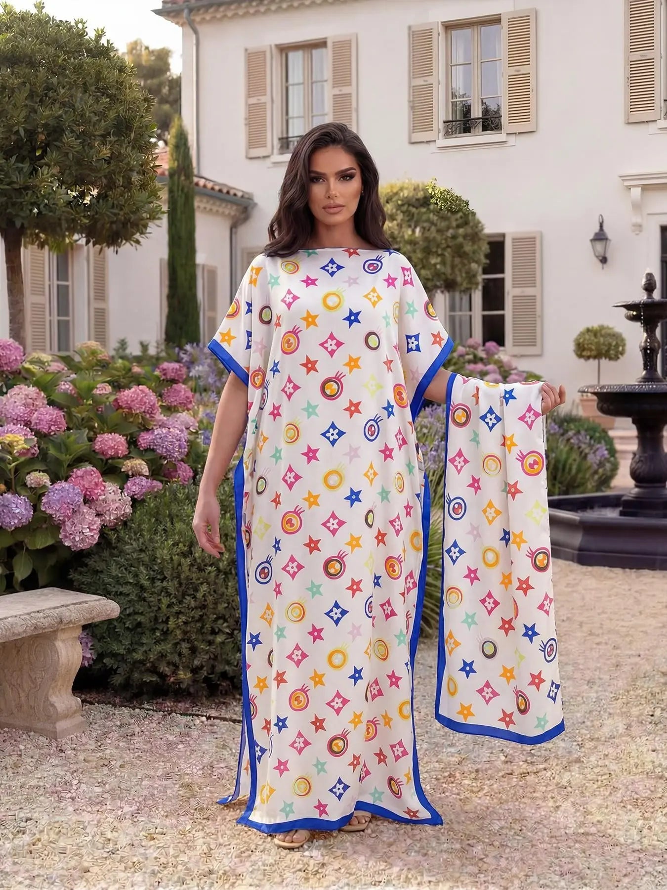 ✨ Women's Elegant Geometric Print Robe Set – Long Dress & Scarf Shawl, Satin Silk Beach Cover-Up 🌊