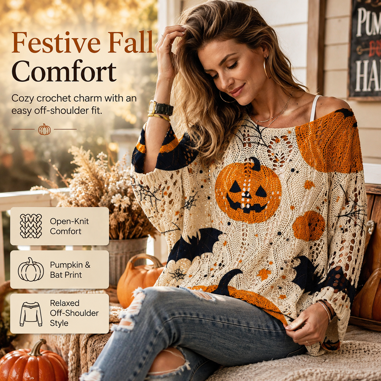 🎃 Women’s Pumpkin & Bat Crochet Knit Top – Festive Off-Shoulder Fall Style 🍂