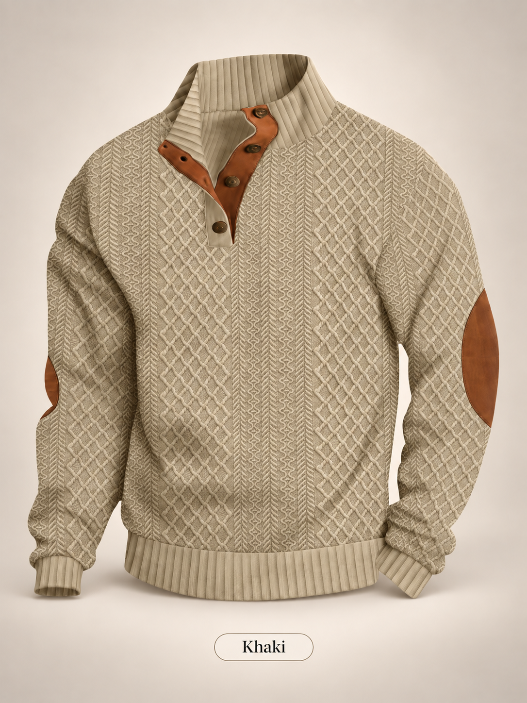 Men's Jacquard Knit Pullover Sweater – Stand Collar, 280gsm Diamond Weave, Elbow Patch, Micro-Stretch Long Sleeve