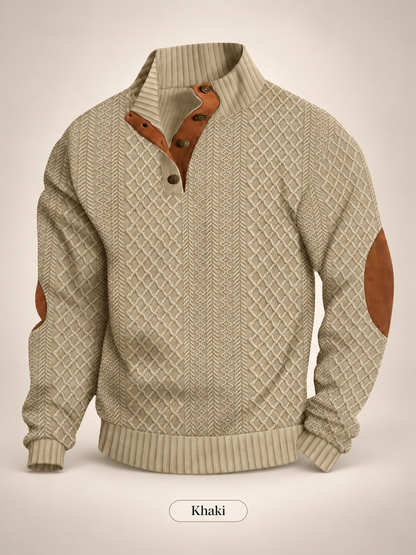 Men's Jacquard Knit Pullover Sweater – Stand Collar, 280gsm Diamond Weave, Elbow Patch, Micro-Stretch Long Sleeve