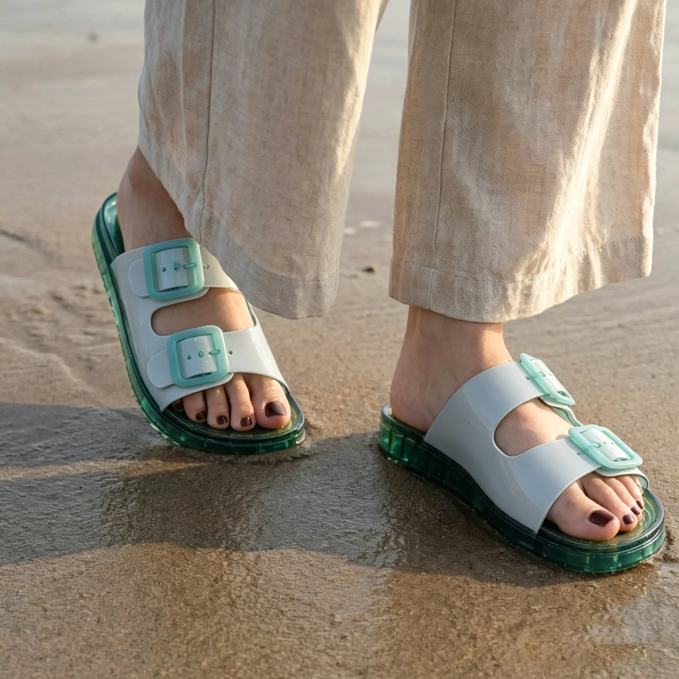 Pool Jelly Slide Sandals for Women - Waterproof Double Buckle Adjustable Slip-On Womens Jelly Sandals For Beach