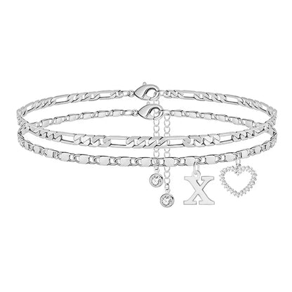 🎁Double-Layer 26-Letter Gold-Tone Chain Heart-Shaped Anklet with a heart-shaped pendant