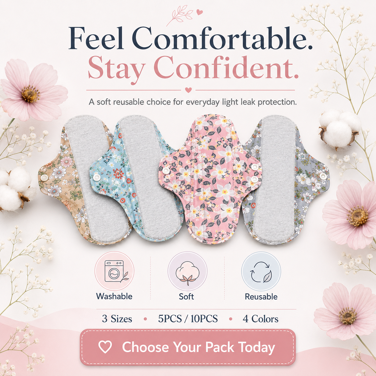 ✨5/10PCS Reusable Leak Protection Pads for Women – Soft, Washable & Breathable Daily Care