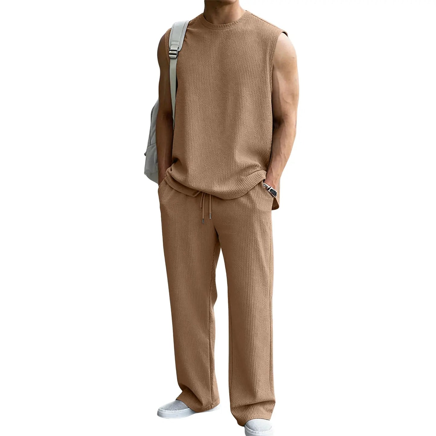 ⚡Hot Sales 49% OFF🔥Men's 2 Piece Rib Knit Sweatsuit Summer Sleeveless Tank Top Baggy Wide Leg Pants Set