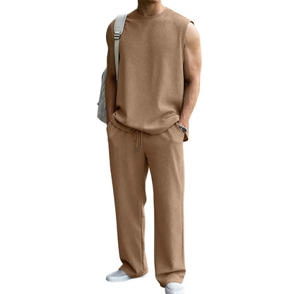 ⚡Hot Sales 49% OFF🔥Men's 2 Piece Rib Knit Sweatsuit Summer Sleeveless Tank Top Baggy Wide Leg Pants Set