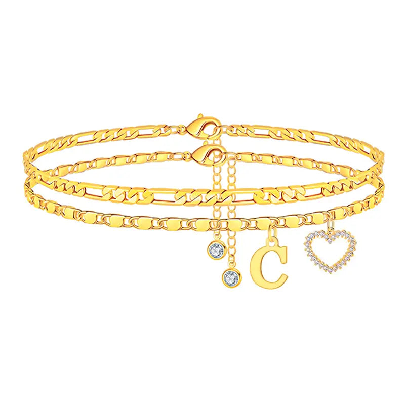 🎁Double-Layer 26-Letter Gold-Tone Chain Heart-Shaped Anklet with a heart-shaped pendant