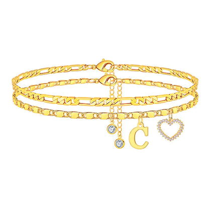 🎁Double-Layer 26-Letter Gold-Tone Chain Heart-Shaped Anklet with a heart-shaped pendant