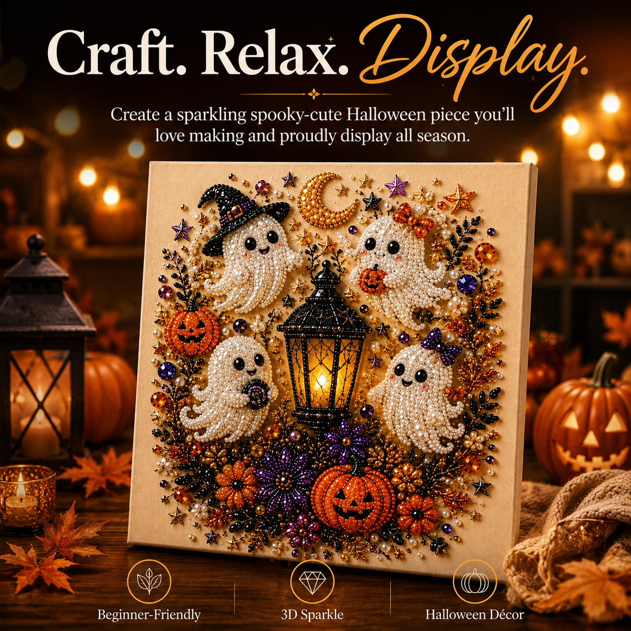 Spooky Cute Ghost Pearl Diamond Painting Kit – 8" x 8" Halloween DIY Wall Art & Craft Gift
