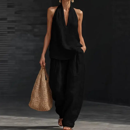 Halter Neck Sleeveless Top & Wide Leg Pants 2-Piece Set