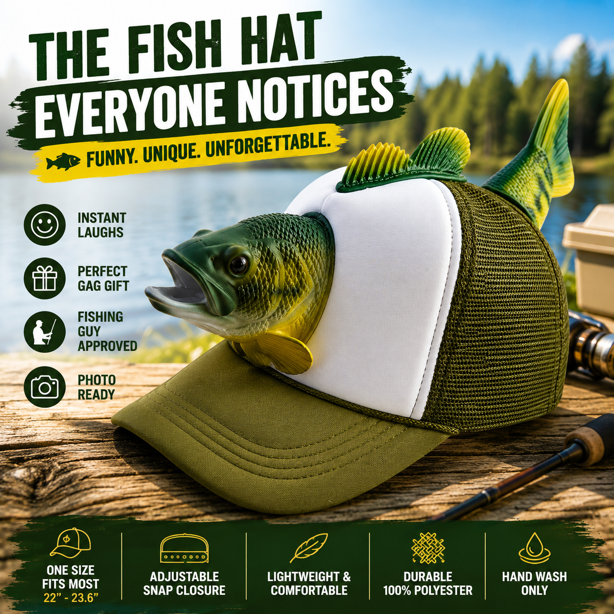 Bass Fish Hat - Hilarious Novelty Bass Fishing Hat, Perfect Gag Fishing Gift for Anglers, Dads & Fish Enthusiasts