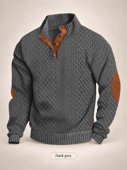 Men's Jacquard Knit Pullover Sweater – Stand Collar, 280gsm Diamond Weave, Elbow Patch, Micro-Stretch Long Sleeve