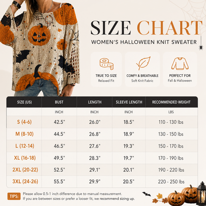 🎃 Women’s Pumpkin & Bat Crochet Knit Top – Festive Off-Shoulder Fall Style 🍂