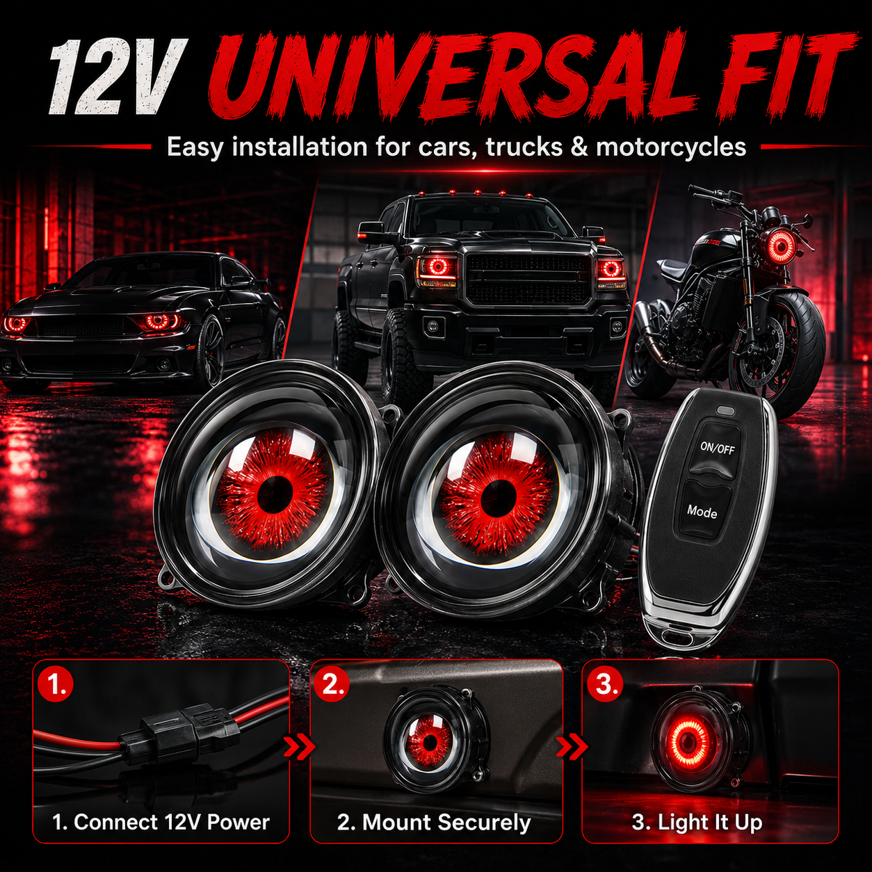 🔥 Dynamic Demon Eye LED Projector Lights – RGB Car Headlight Upgrade for Cars & Motorcycles