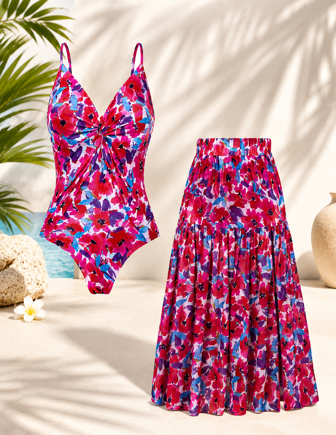 🌴 Women's One-Piece Swimsuit with Cover-Up Skirt