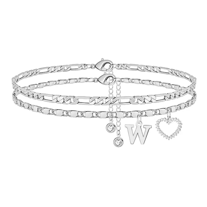 🎁Double-Layer 26-Letter Gold-Tone Chain Heart-Shaped Anklet with a heart-shaped pendant