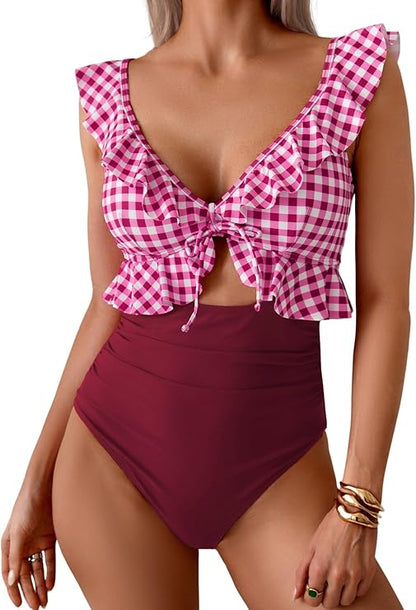 One Piece Swimsuit for Women Tummy Control Ruffle Bathing Suit V Neck Ruched Swim Suit Slimming Cutout Swimwear