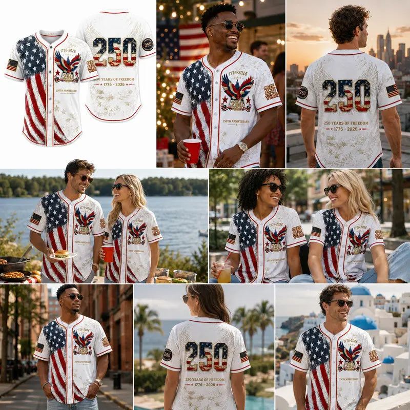 🦅⚾Men's USA 250th Anniversary Baseball Jersey Patriotic American Flag Eagle Button Down Shirt 1776-2026