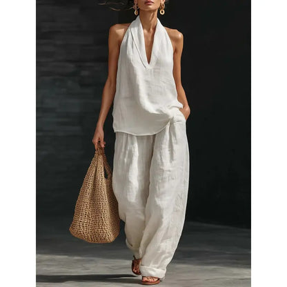 Halter Neck Sleeveless Top & Wide Leg Pants 2-Piece Set