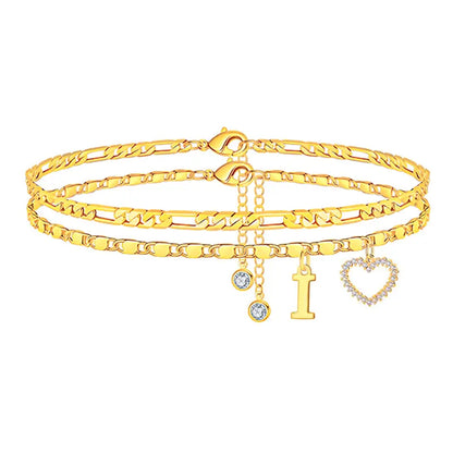 🎁Double-Layer 26-Letter Gold-Tone Chain Heart-Shaped Anklet with a heart-shaped pendant