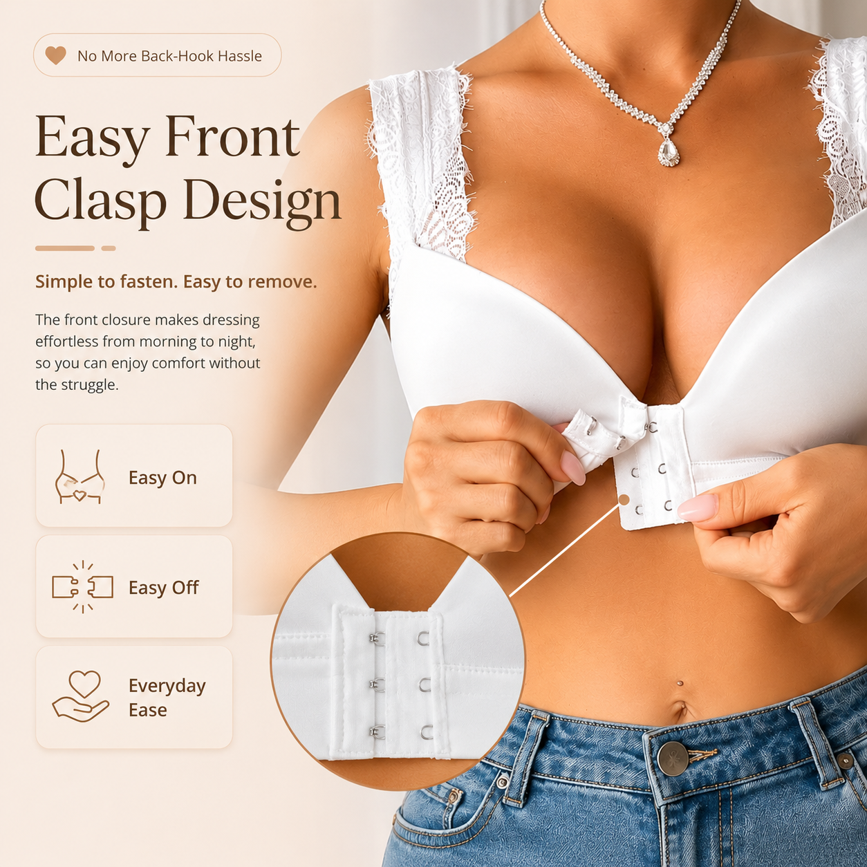 ☁️Big-size gathered front snap closure fixed cup lace bra-style bra