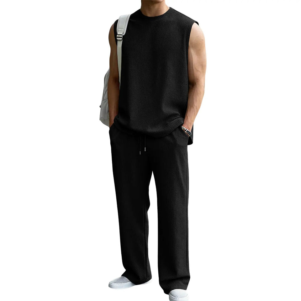 ⚡Hot Sales 49% OFF🔥Men's 2 Piece Rib Knit Sweatsuit Summer Sleeveless Tank Top Baggy Wide Leg Pants Set