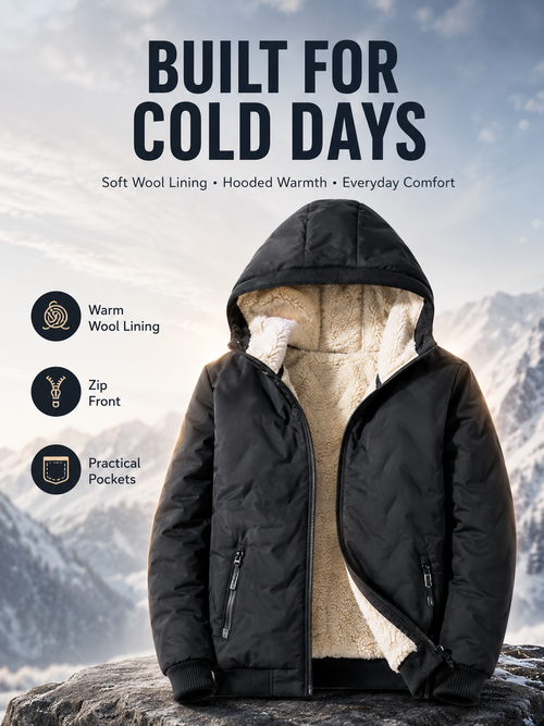 🧥 Men's Wool-Lined Hooded Winter Jacket with Zipper Pockets ❄️