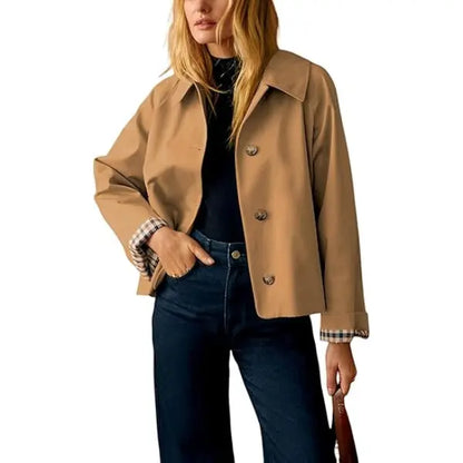 🧥 Classic Collar Cropped Jacket – Checkered Lining, Breezy Summer Style