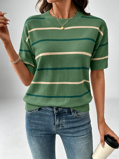 🔥Women's Striped Knit Round Neck Shortsleeve Baggy Pullover