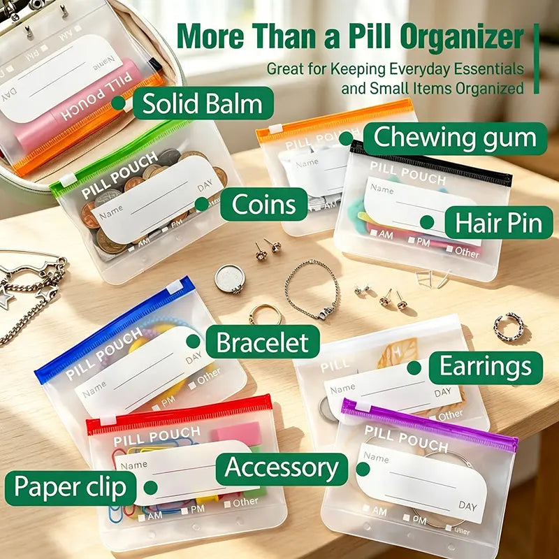 💊 Waterproof Pill Pouch Set – 14pcs A8 Bags, 7–14 Day Med Organizer with Color Labels