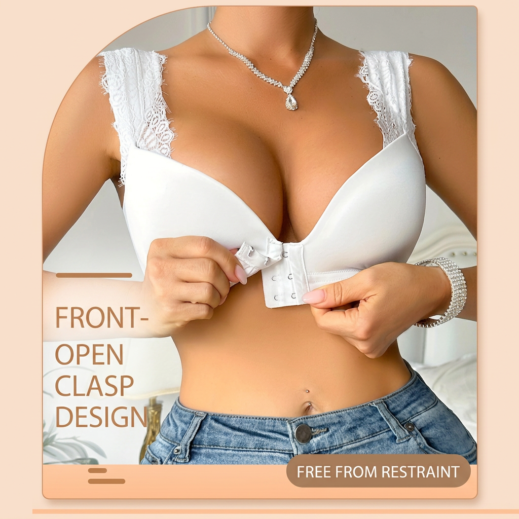 ☁️Big-size gathered front snap closure fixed cup lace bra-style bra