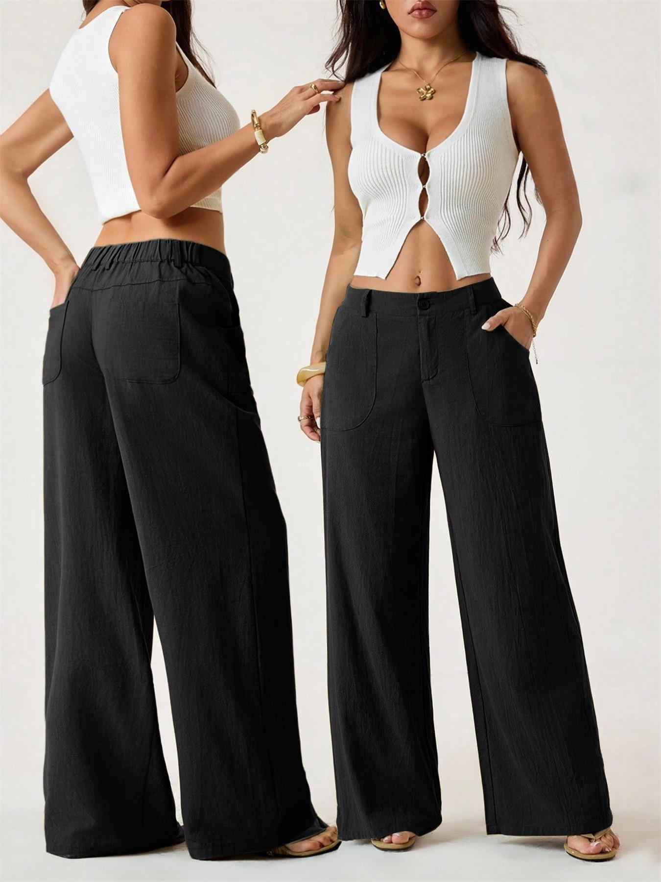 Women's Classical Linen Palazzo Pants Summer Flowy Wide Straight Leg Beach Trousers With Pocket Casual Solid Color Soft Elastic High Waist Lounge Pants