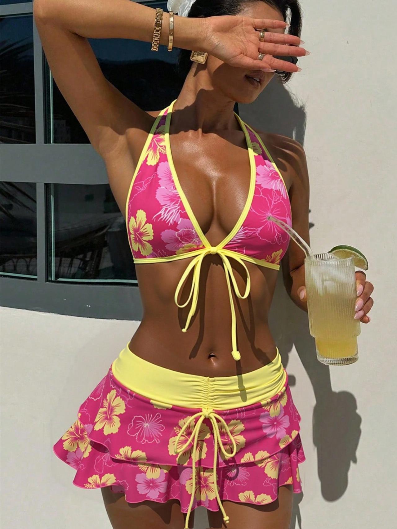 1960s Floral Print Tie-Front Layered Bikini Set