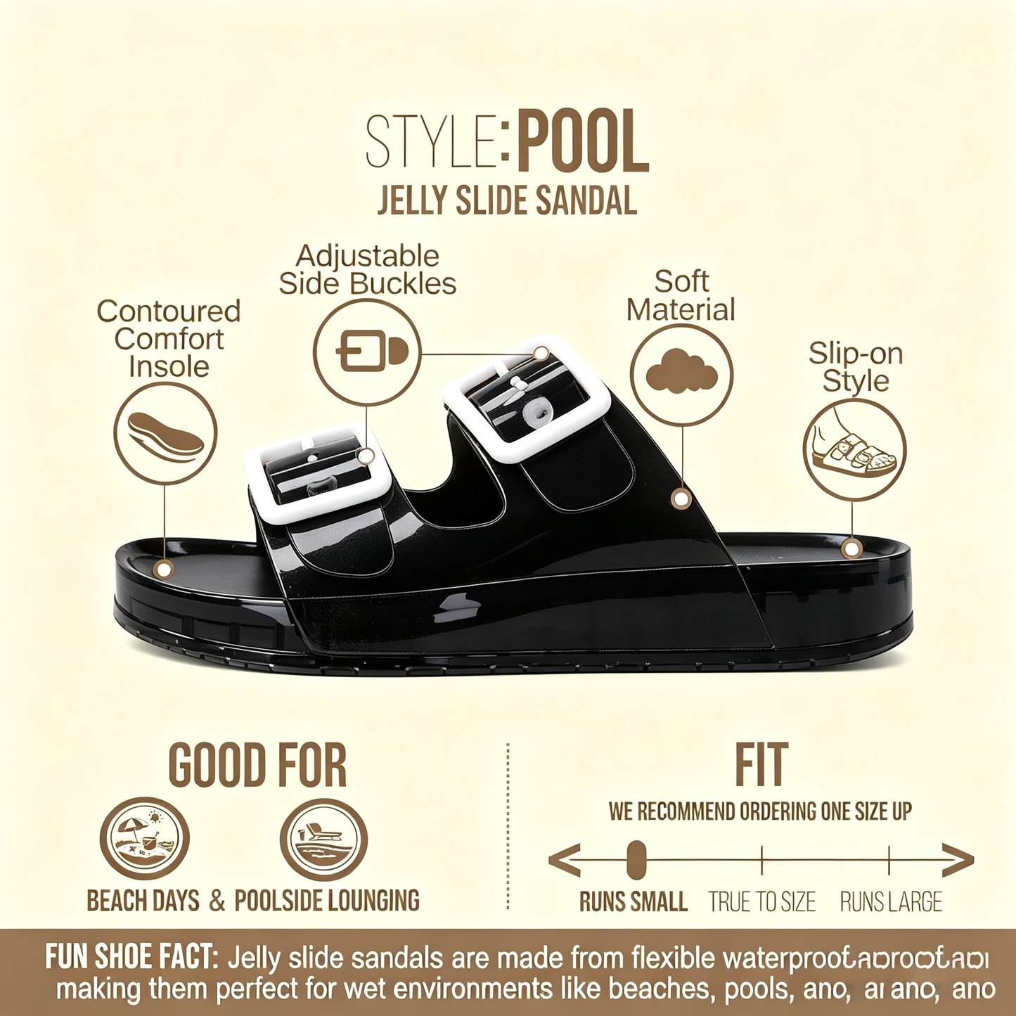 Pool Jelly Slide Sandals for Women - Waterproof Double Buckle Adjustable Slip-On Womens Jelly Sandals For Beach