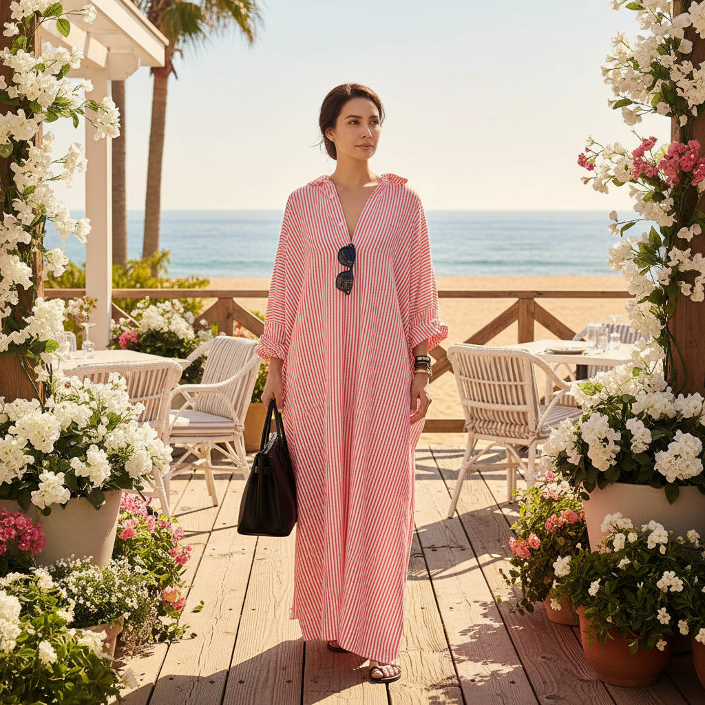 Women's Lightweight Maxi Dress with Pockets – Relaxed Fit Striped Caftan for Everyday Comfort