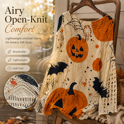 🎃 Women’s Pumpkin & Bat Crochet Knit Top – Festive Off-Shoulder Fall Style 🍂