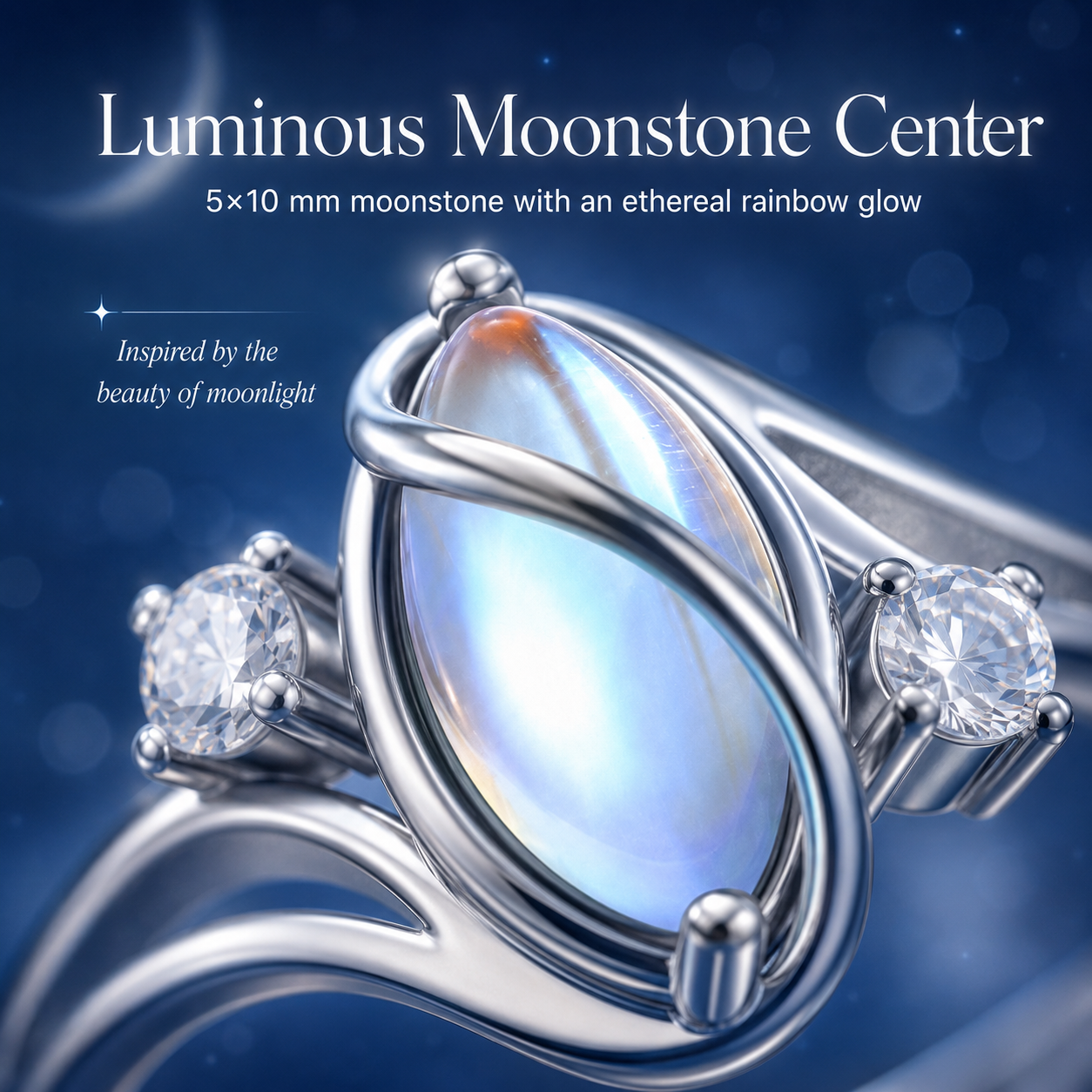 925 Sterling Silver Rainbow Moonstone Ring