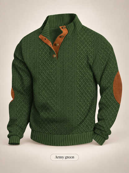 Men's Jacquard Knit Pullover Sweater – Stand Collar, 280gsm Diamond Weave, Elbow Patch, Micro-Stretch Long Sleeve
