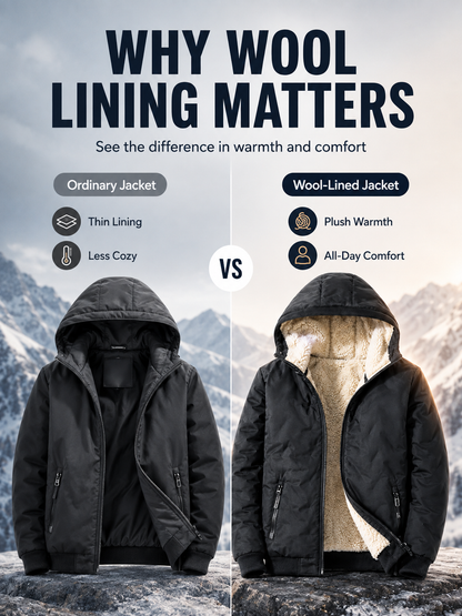 🧥 Men's Wool-Lined Hooded Winter Jacket with Zipper Pockets ❄️