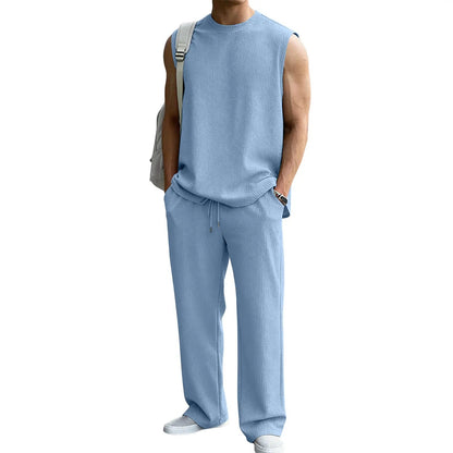⚡Hot Sales 49% OFF🔥Men's 2 Piece Rib Knit Sweatsuit Summer Sleeveless Tank Top Baggy Wide Leg Pants Set