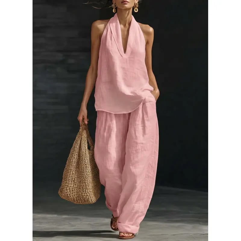 Halter Neck Sleeveless Top & Wide Leg Pants 2-Piece Set