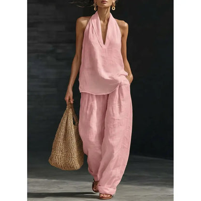 Halter Neck Sleeveless Top & Wide Leg Pants 2-Piece Set