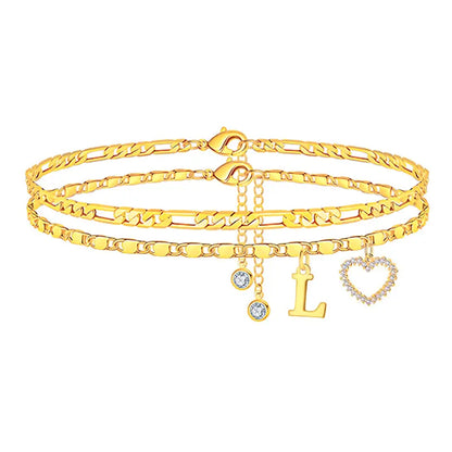 🎁Double-Layer 26-Letter Gold-Tone Chain Heart-Shaped Anklet with a heart-shaped pendant