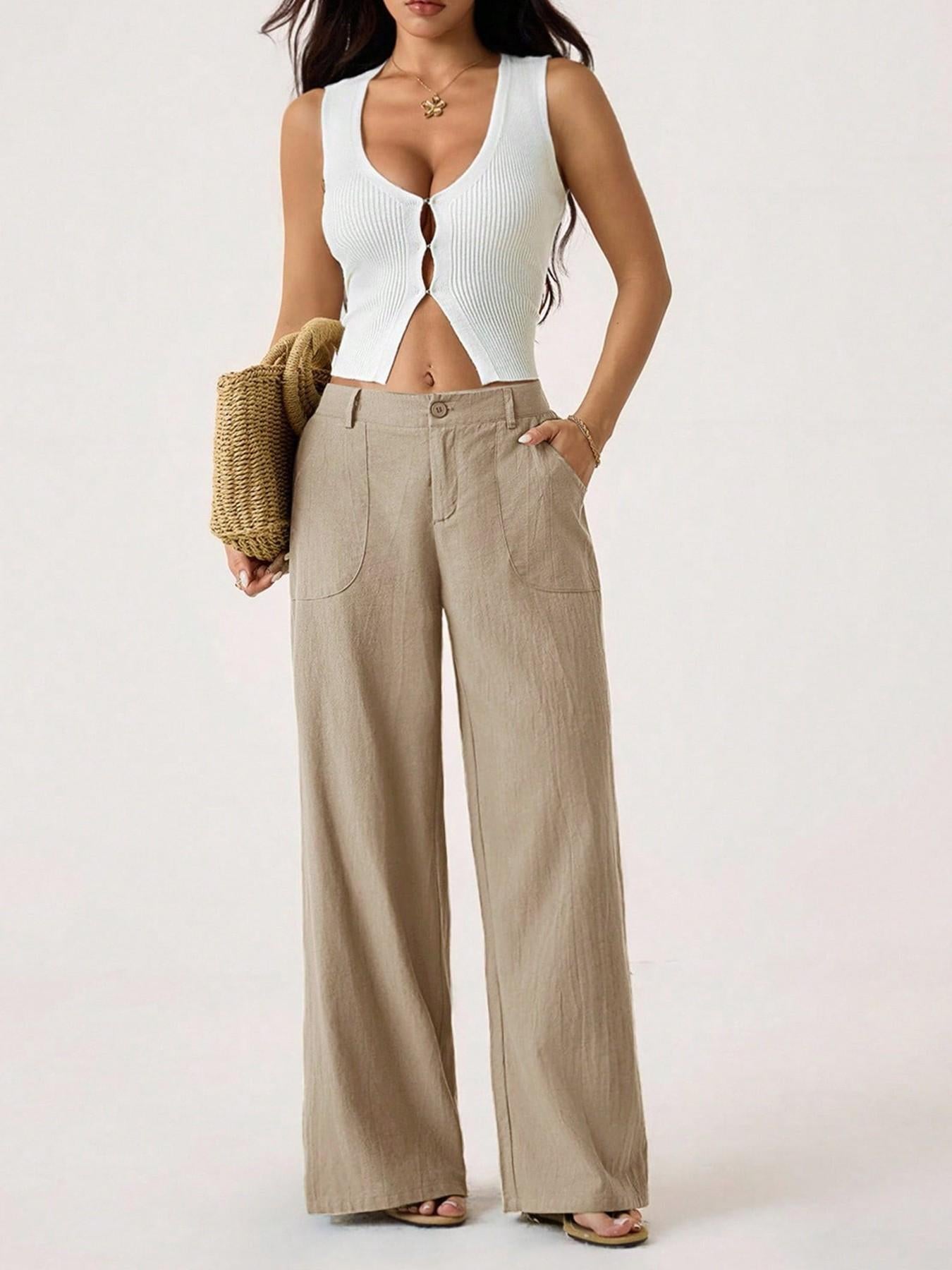 Women's Classical Linen Palazzo Pants Summer Flowy Wide Straight Leg Beach Trousers With Pocket Casual Solid Color Soft Elastic High Waist Lounge Pants