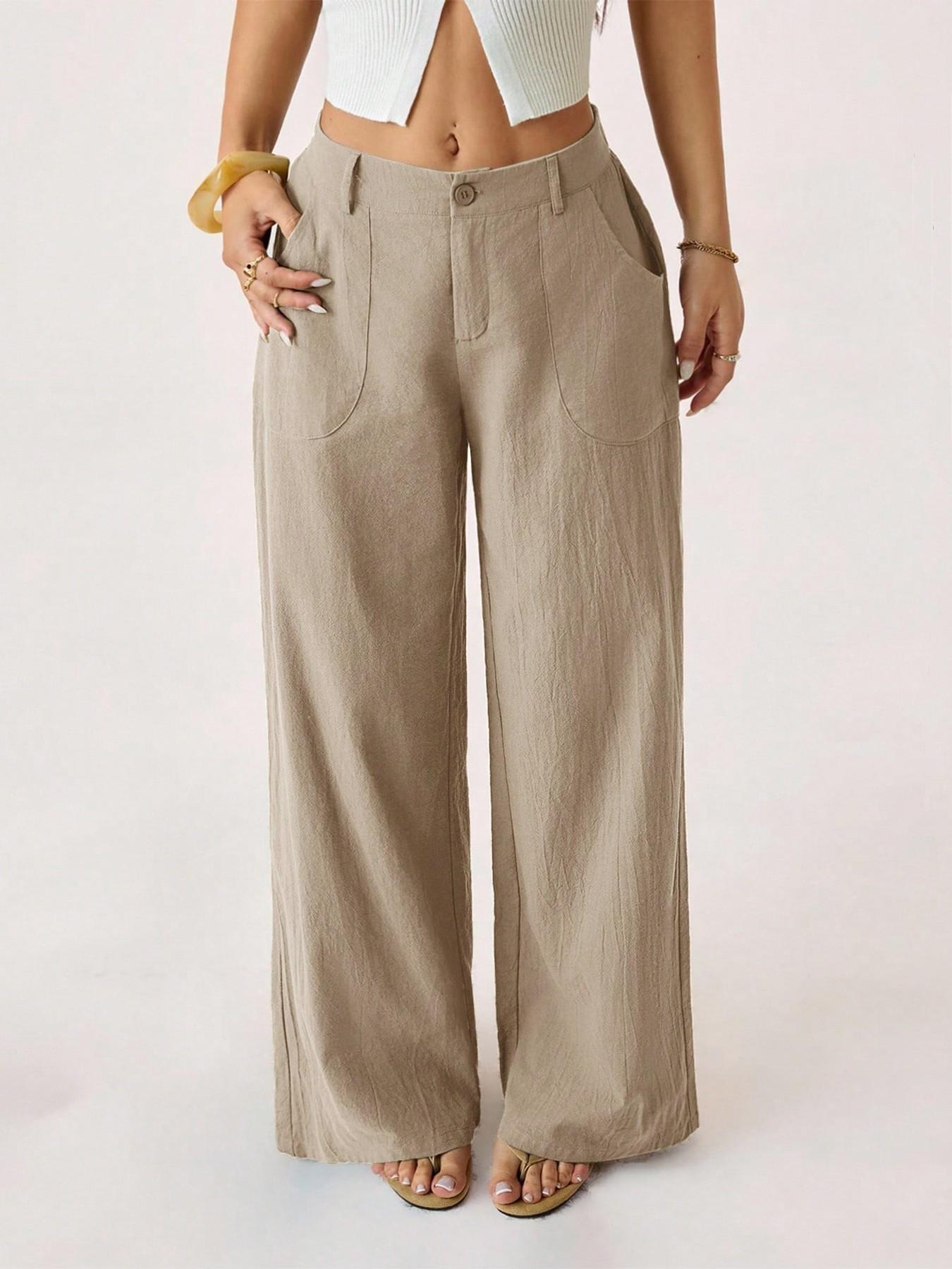 Women's Classical Linen Palazzo Pants Summer Flowy Wide Straight Leg Beach Trousers With Pocket Casual Solid Color Soft Elastic High Waist Lounge Pants