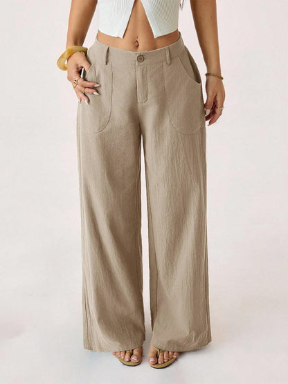 Women's Classical Linen Palazzo Pants Summer Flowy Wide Straight Leg Beach Trousers With Pocket Casual Solid Color Soft Elastic High Waist Lounge Pants