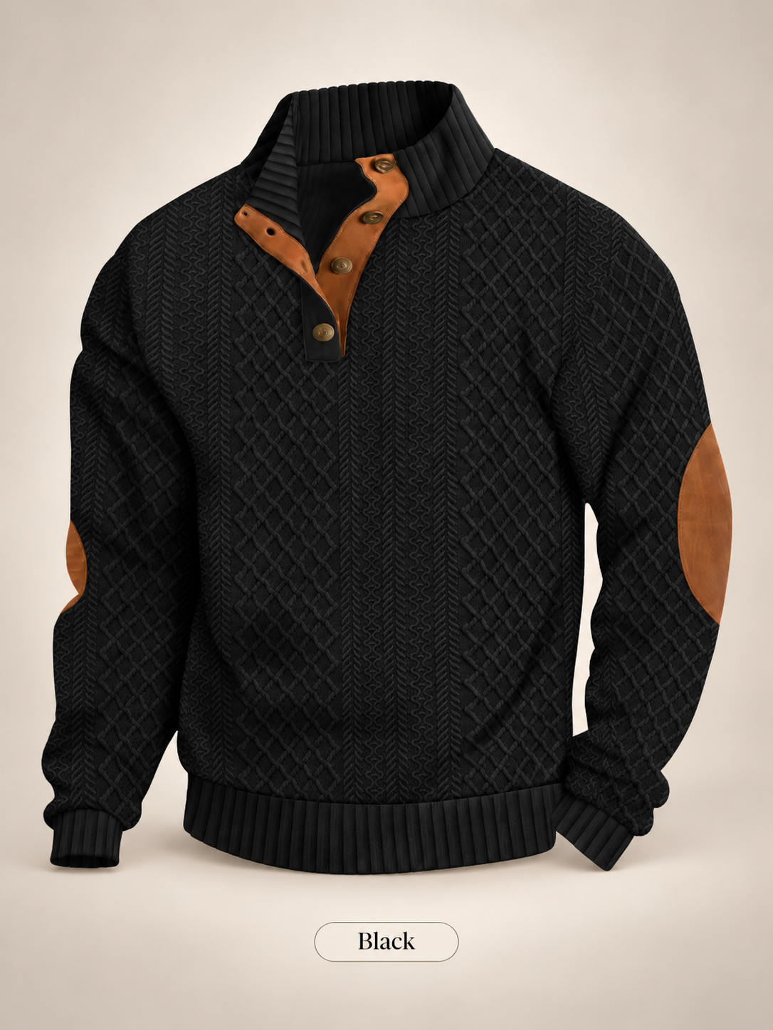 Men's Jacquard Knit Pullover Sweater – Stand Collar, 280gsm Diamond Weave, Elbow Patch, Micro-Stretch Long Sleeve