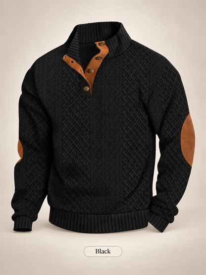 Men's Jacquard Knit Pullover Sweater – Stand Collar, 280gsm Diamond Weave, Elbow Patch, Micro-Stretch Long Sleeve