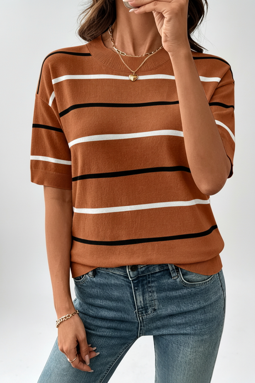 🔥Women's Striped Knit Round Neck Shortsleeve Baggy Pullover