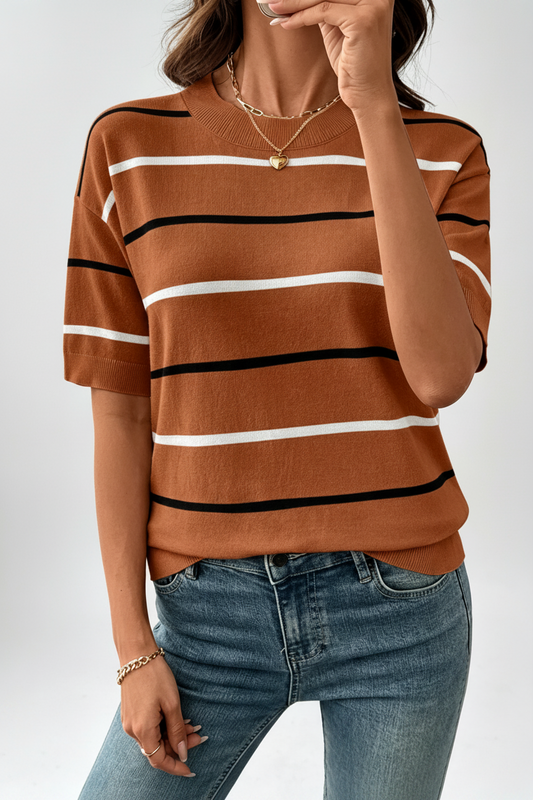 🔥Women's Striped Knit Round Neck Shortsleeve Baggy Pullover