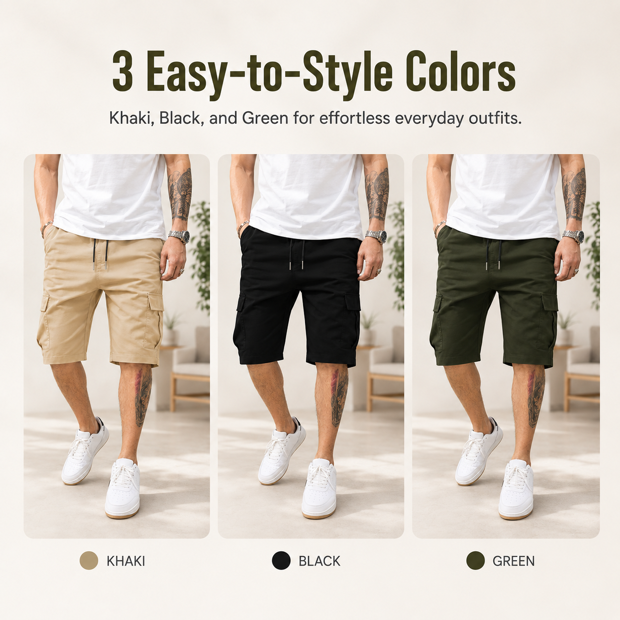 🔥🔥Customer Favorite Men's Shorts Set Khaki Black & Green Slanted Pockets